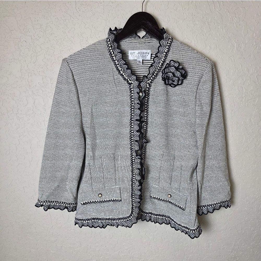 St.John Collection Ruffle Knit  Trim Striped Jacket Cardigan Black White Size 10